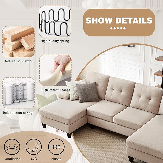111" Sectional Couch for Living Room, Modern Polyester Fibre U Shaped Sofa Couches with Double Chaise, Upholstered 4 Seater Sofa for Living Room, Apartment, Office, Beige