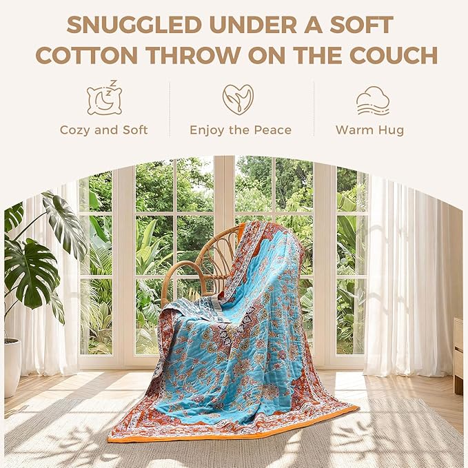 LUTBM Boho Throw Blanket for Bed Cotton Spring Blankets for Bedroom Living Room Twin All Season Lightweight Floral Embroidery Quilt for Couch Sofa Chair 60"x80" Home Decor