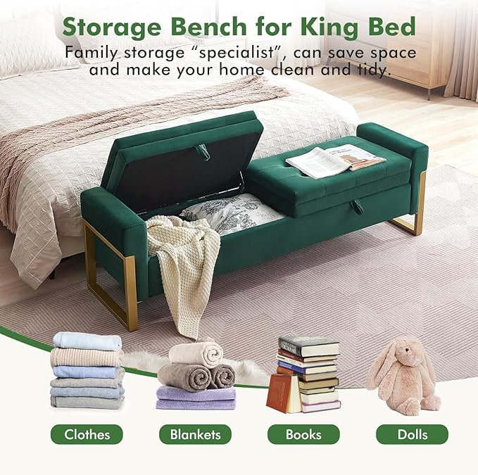 67" Storage Bench for Bedroom King Size, Velvet Upholstered End of Bed Storage Bench with Gold Legs, Double Lids Tufted Storage Ottoman Bench for Living Room,Entryway, Green