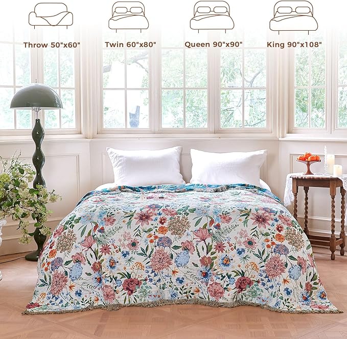 LUTBM Boho Throw Blanket for Bed Cotton Spring Blankets for Bedroom Living Room Twin All Season Lightweight Floral Embroidery Quilt for Couch Sofa Chair 60"x80"