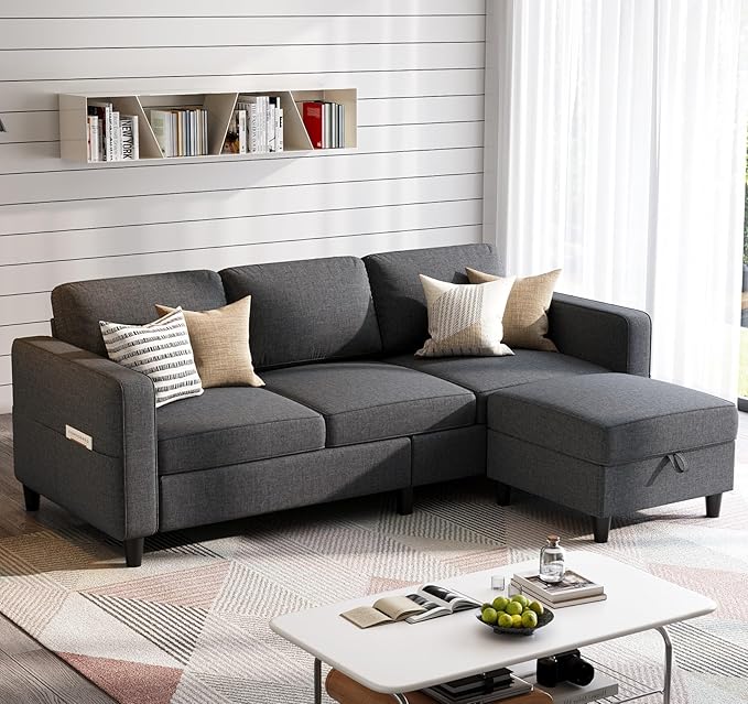 Sectional Sofas Couches for Living Room 78" L-Shaped Small Couch - Modern Linen Dark Grey Sofa with Storage Ottoman for Apartments, Studios Home Offices, Small Space