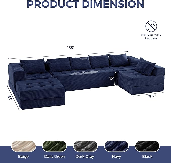 MAXYOYO Modular Sectional Sofa Couch, Foldable U Shaped Cloud Couch with Pillows, Tufted 7-Seat Boneless Sleeper Lounger Floor Sofa Bed for Living Room, No Assembly Required, Navy
