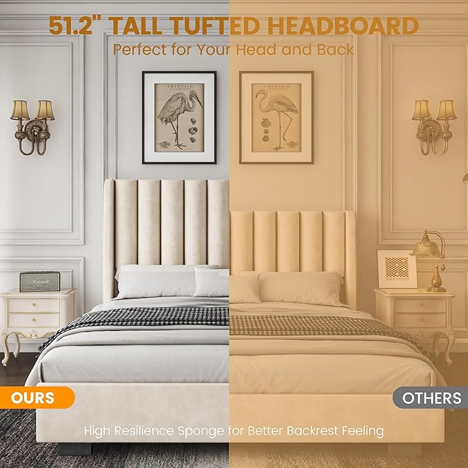 King Size Upholstered Lift Up Storage Bed Frame with 51.2" Tall Headboard, Velvet Wingback Tufted Design, Wood Slats Support, No Box Spring Required, Noise-Free Double Low Bed Frame (King,Beige)