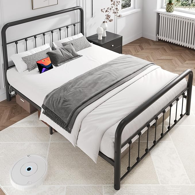 Fluest 14 Inch Queen Bed Frame Classic Metal Platform Bed Frame with Charging Station & LED, Victorian Style Iron-Art Headboard/Footboard, Under Bed Storage, No Box Spring Needed, Noise Free