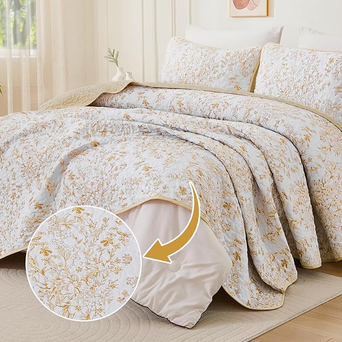 WONGS BEDDING Quilt King Size, Orange Quilt Bedding Set with 2 Pillowcases, Botanical Quilt for King Bed, Soft Microfiber Lightweight Coverlet Bedspread for All Season (110"×90", 3 Pieces)