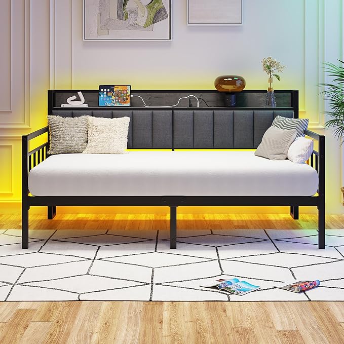 BOFENG Metal Daybed Frame Twin Size Platform Daybed with Charging Station,LED Lights,Metal Sofa Bed Frame for Living Room,Bedroom,Guest Room,Heavy Duty Metal Slats,Noise Free,Black
