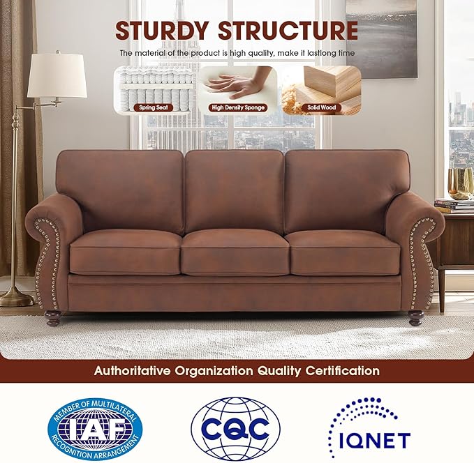 Mid-Century Vintage Sofa Couches with Rivet Design,3-Seater Sofa,Removable Sofa Cover Upholstered Cushions and Solid Wood Frame (Caramel, 3-Seater)