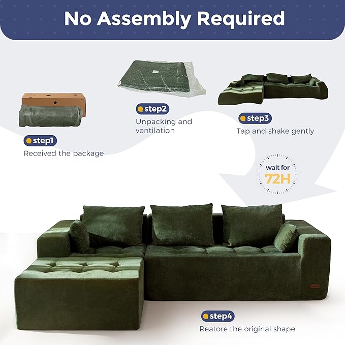 MAXYOYO Modular Sectional Sofa Couch, L Shaped Boneless Cloud Couch with Flexible Ottoman, Chenille Upholstered Living Room Sleeper Sofa Chair for Living Room, No Assembly Required, Dark Green