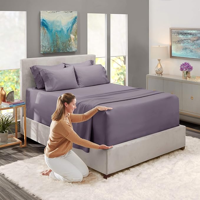 Hearth & Harbor Bed Sheets, Luxury Soft 6 Piece Bed Sheet Set Extra Deep Pocket Fitted Sheets Fits Mattress up to 21", Double Brushed Bedding Sheets & Pillowcases, Split King, Purplish Gray