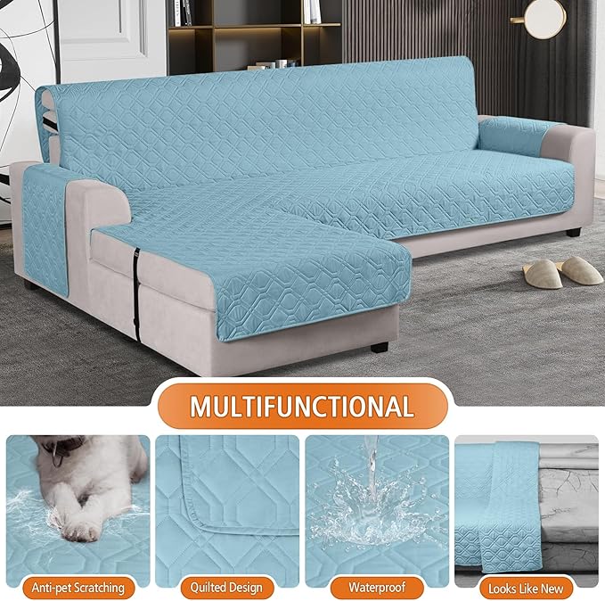 VANSOFY Upgraded Sectional Couch Covers 100% Waterproof L Shaped Sofa Slipcover Reversible Chaise Lounge Cover for Sectional Sofa Furniture Protector Cover for Pets Dog Cat(Large, Azuree)