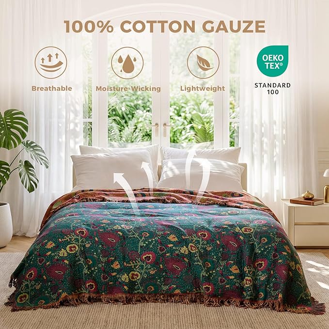 Boho Throw Blanket for Bed 100% Cotton Soft Lightweight Quilt Home Decor Spring Bed Blanket,Floral Embroidery Reversible All Season Bohemian Breathable Twin Throws for Sofa Couch Chair 60"x80"