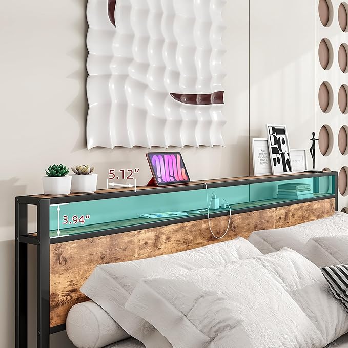 BOFENG Metal Platform King Size Bed Frame with Storage Headboard and USB Charging Station,King Bed Frame No Box Spring Needed,Sturdy and Noise-Free,Easy Assembly,Brown