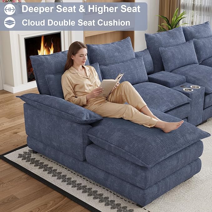 135" U Shaped Cloud Couch Sectional Modular Sectional Couches for Living Room Oversized Comfy Chenille Sofa Cloud Couch Set with Storage Central Console, USB Ports, Chaise Lounge, Ottoman, Blue