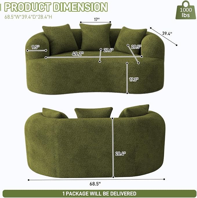 69" Curved Loveseat Sofa for Living Room, Modern Chenille Love Seat Cloud Couch, Luxury Plush Extra Deep Oversized Sofa for Small Spaces, Bedroom, Apartment‌, No Assembly Required, Green