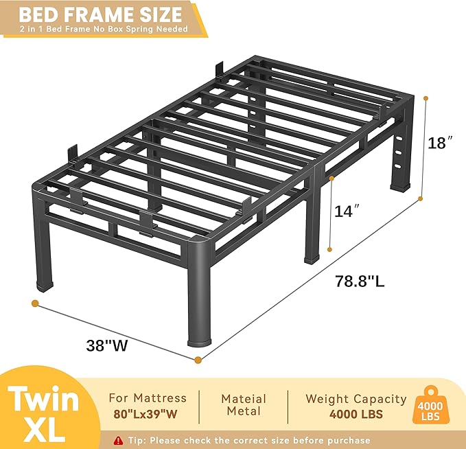 Twin XL Bed Frame Heavy Duty, 18 Inch Metal Double Layer Steel 4000 lbs Capacity, Platform with Large Under Bed Storage Space, No Box Spring Needed, Noise-Free, Easy Assembly