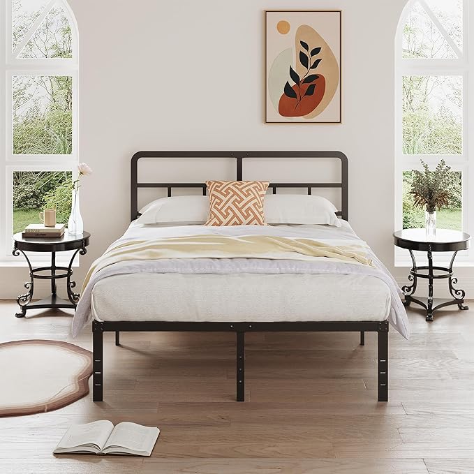 DiaOutro 16 Inch Full Size Bed Frame with Headboard No Box Spring Needed, Heavy Duty Metal Platform with Steel Slat, Mattress Foundation, Easy Assembly, No Noise, Black