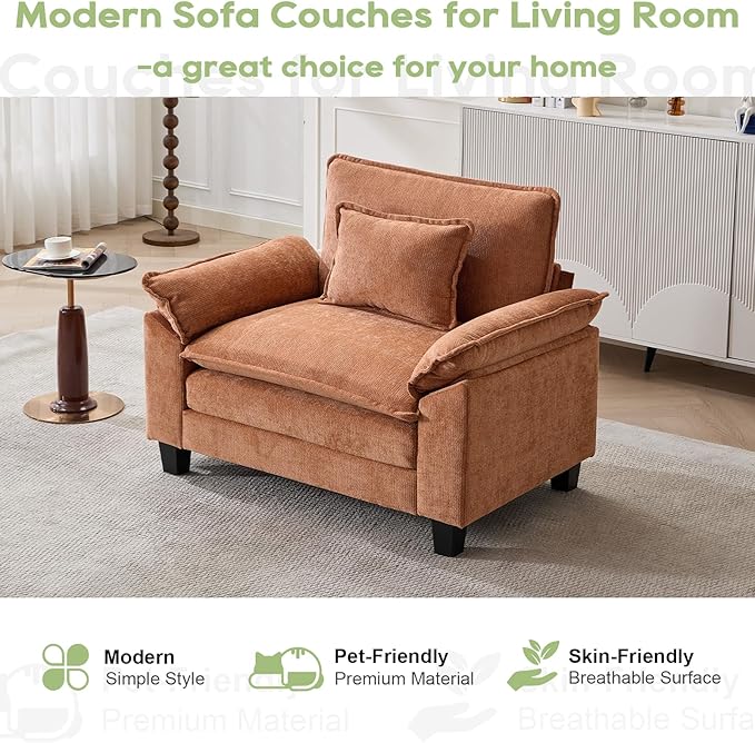 Modular Sectional Sofa, Comfy Cloud Couch Sectional Sofa, Chenille Sofa Sleeper Deep Seat Sofa with Throw Pillows for Living Room (Orange, 53"- Single Seat)