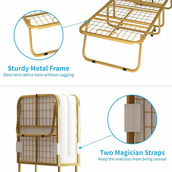 Mjkone Folding Bed with 5 Inch Memory Foam Mattress, Single Rollaway Bed for Guests, Space Saving Portable Bed with Lockable Wheels, Easy Assembly & Moving, 75 x 38 -Gold
