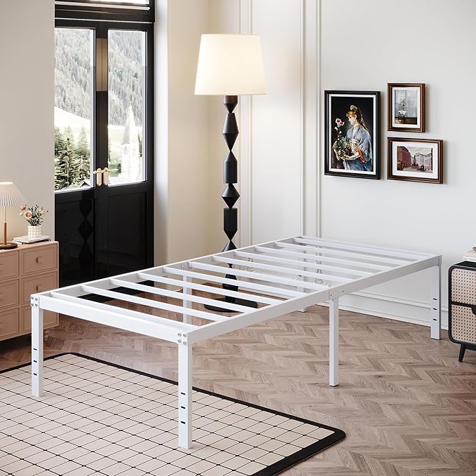 DiaOutro 18 Inch White Twin Bed Frame Heavy Duty No Box Spring Needed Metal Platform with Maximum Storage, Easy Assembly, Noise Free