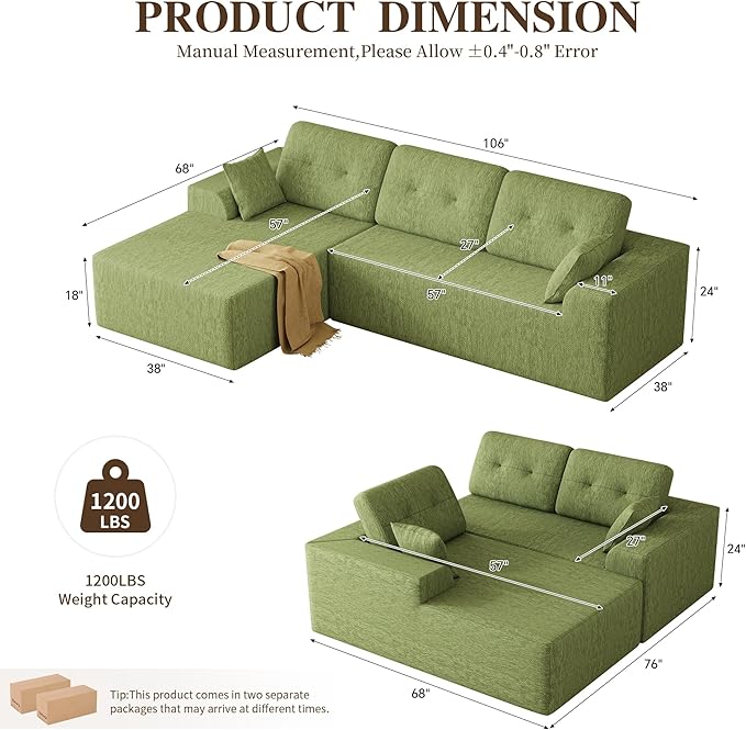 Ball & Cast 106" Boneless Sectional Sofa, Chenille Modular L Shaped Couch with Deep Seat Chaise, Cloud Style Oversized Sectional Couch for Living Room, No Assembly, Left Facing, Green