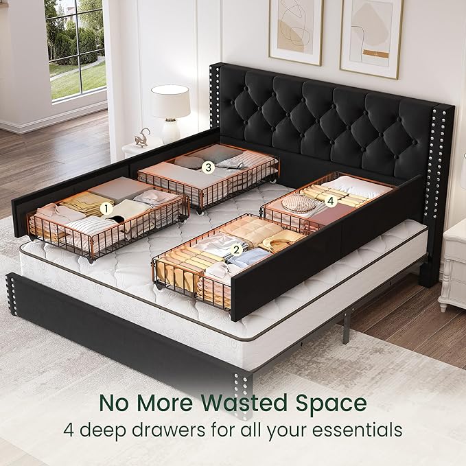 LARMACE Queen Size Platform Bed Frame with 4 Storage Drawers and Tufted Headboard Velvet Upholstered Bed Frame with Heavy Duty Wood Slats, No Box Spring Needed, Easy Assembly, Black