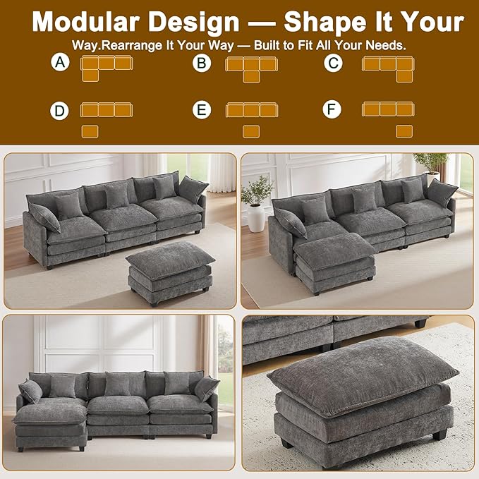111.4" L-Shaped Cloud Chenille Sofa Sectional Couch with Reversible Chaise, Flexible 3+1 Layout for Large Spaces, Deep Seat and Free Pillows Included