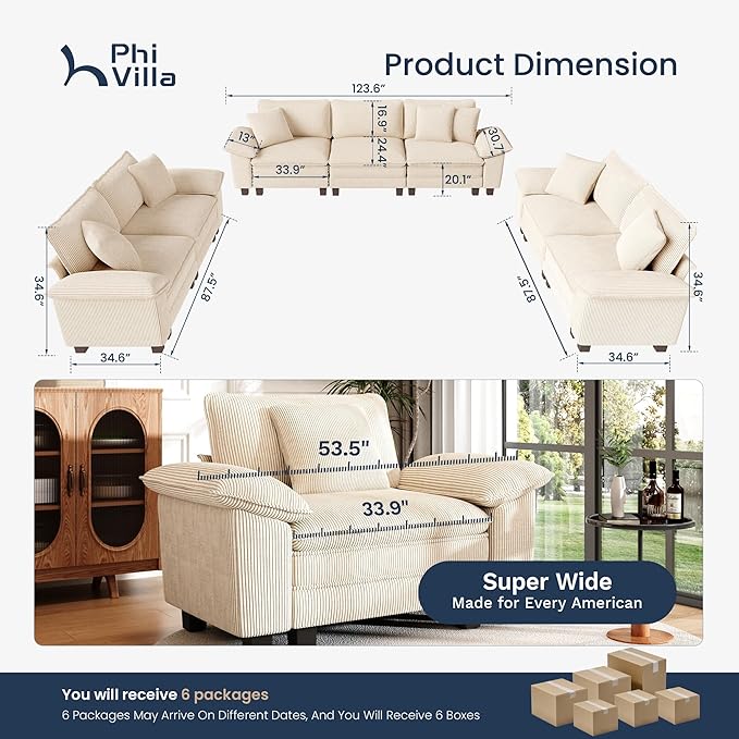 PHI VILLA Cloud Modular Couches Sets, 3 Pieces Large Sectional Sofa Set with Loveseats, 7-Seater Upholstered Couch for Living Room, Corduroy, Beige