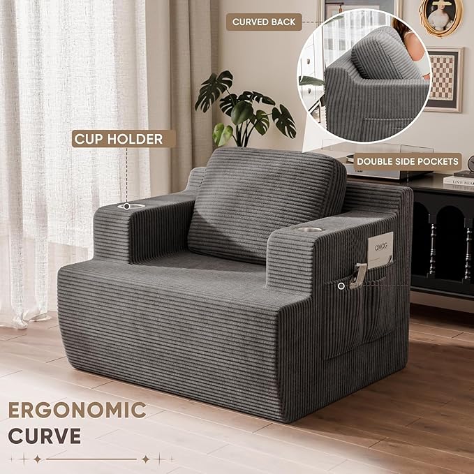Homall 42” Single Sofa Foam Couch for Small Spaces Upholstered Floor Sofa with Cup Holder & Storage Pocket Boneless Couch for Bedroom Living Room (Grey, Single)