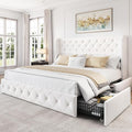 LARMACE King Size Bed Frame with 4 Storage Drawers and 47.2" Tall Wingback Headboard Velvet Upholstered Platform Bed Frame Tufted Beds with Wooden Slats Support, Easy Assembly, White