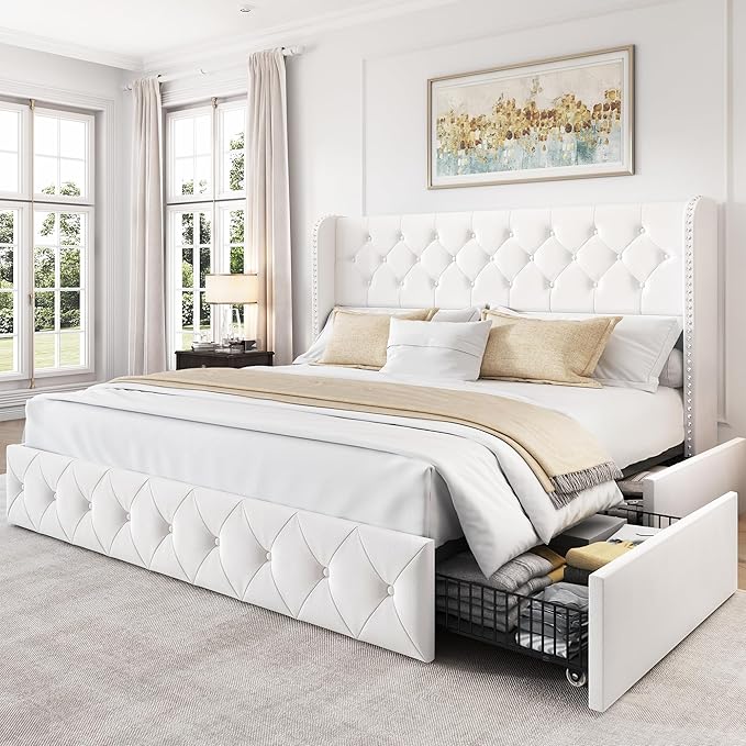 LARMACE King Size Bed Frame with 4 Storage Drawers and 47.2" Tall Wingback Headboard Velvet Upholstered Platform Bed Frame Tufted Beds with Wooden Slats Support, Easy Assembly, White