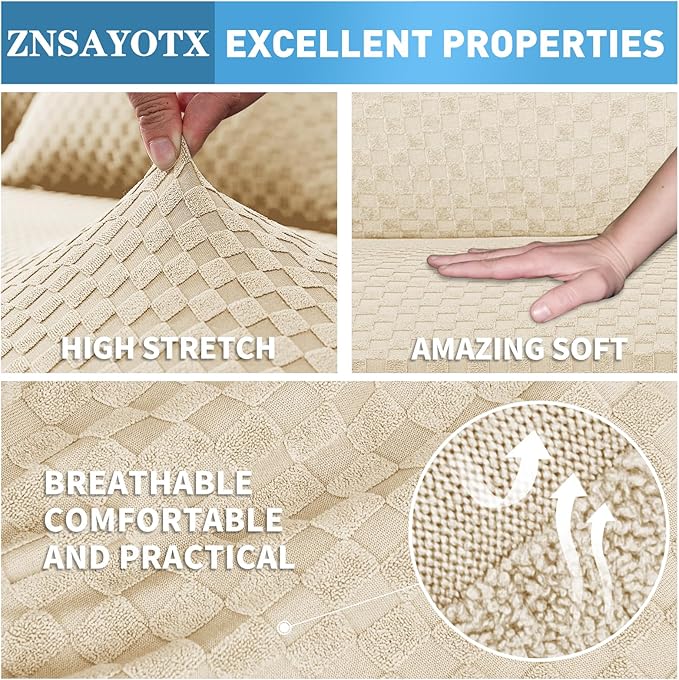 ZNSAYOTX Sectional Couch Covers, Stretch Jacquard Slipcovers with Elastic Bottom for L-Shape Sectional Sofa, 2 Pcs Pet Friendly Modular Sofa Protector (3 Seat Couch + 2 Seat Chaise, Light Beige)