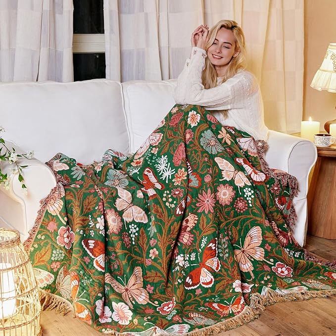 LUTBM Boho Throw Blanket for Couch Sofa Chair Cotton Spring Blankets for Bedroom Living Room All Season Lightweight Reversible Butterflies Embroidery Throws 50"x60"