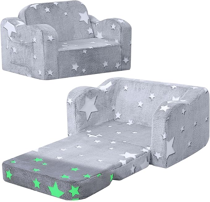 MeMoreCool Glowing Star Kids Chair, 2-in-1 Foldable Kids Couch with Glow-in-the-Dark Star Design, Soft Foam Fold Out Lounger for Playroom and Reading, Washable Cover, Gift for Boys and Girls | Relaxing, Gift