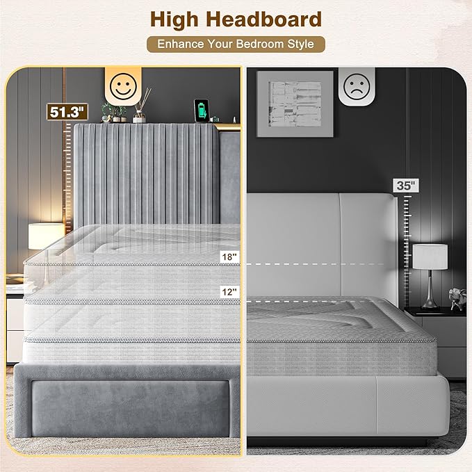 Homkdom Queen Bed Frame with Velvet Storage Headboard, 2 Large Drawers & 3 Charging Ports, 51.3" Tall Platform Bed Frame Queen Size, Sturdy Wood Slats, No Box Spring Needed, Grey