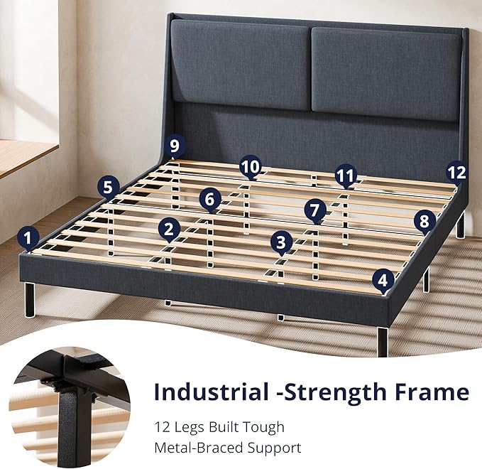 Cozy Castle King Size Upholstered Platform Bed Frame with 51.2" Tall Wingback Headboard, Double Backrest Metal Bed Frame, No Box Spring Needed, Easy Assembly, Bedroom Furniture, Navy Blue