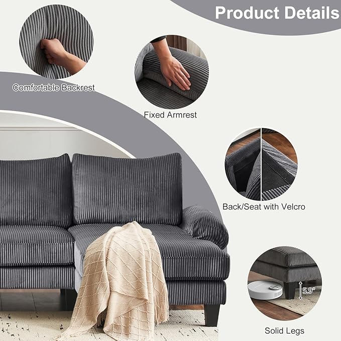 Karl home U-Shape Sectional Sofa Couch 111" Modern 4-Seat Sofa with Chaises Corduroy Fabric Upholstered Covertible Couch with Wood Grain Legs for Living Room, Reception Room, Apartment, Dark Gray