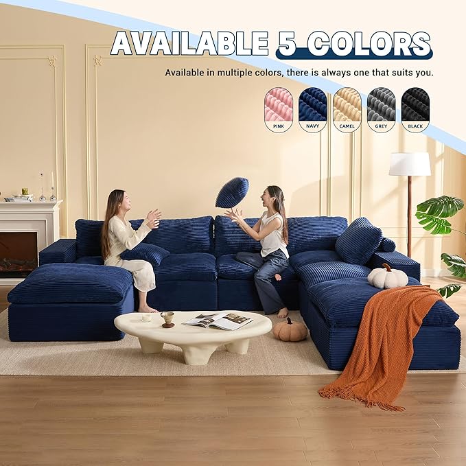 137.8” Sectional Couches for Living Room, Set of Cloud Couch, Modular Sectional Sofa, Convertible Sofas Bed, Deep Seat Sofa, Sleeper Sofa Full Size, Corduroy, Blue
