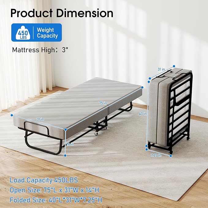 Fabulis Folding Bed with Mattress, Portable Foldable Bed for Adults, Roll Away Guest on Wheels, Memory Foam Mattress and Metal Frame, Space Saving Fold Up for Easy Storage, 75" x 31"