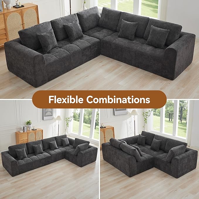 110''Modular Sectional Couches for Living Room, Cloud Boneless Compressed Sectional Sofa, Oversized L Shaped 5 Seater Upholstered Memory Foam Sofa, No Assembly, Chenille Grey