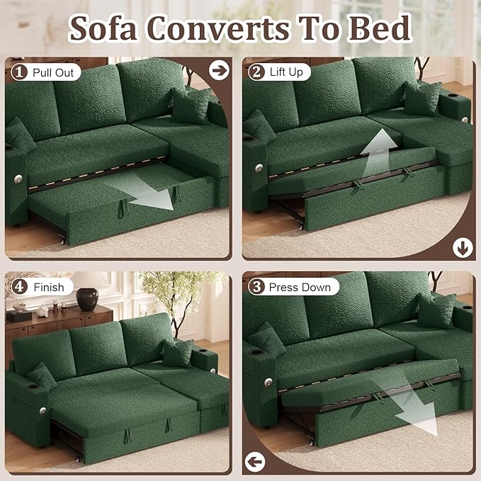 Sleeper Sofa Bed, 4-in-1 Pull Out Couch with Reversible Chaise | Dual USB & Type-C Charging | Dual Cup Holders | Layered Storage (Armrest + Chaise) for Living Room (Classic Green)