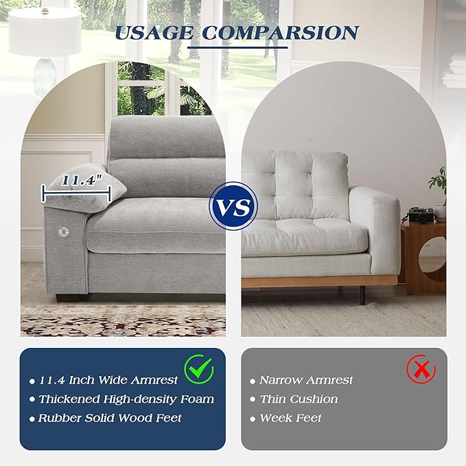 WorthFurni Sofas for Living Room, Chenille Pillow-Armrest Loveseat Couch Set, Small Sofa, 3 Seater Sofa, USB Charging, Removable Sofa Cover, Solid Wood Frame, Easy to Install (71.5 inch, Grey)