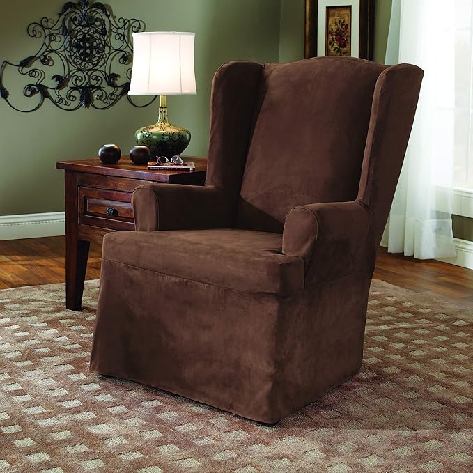 SURE FIT Soft Suede T-Cushion Wing Chair One Piece Slipcover, Relaxed Fit, Polyester, Machine Washable, Chocolate Color