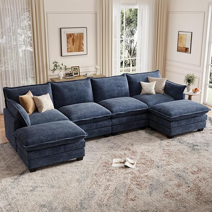 Modular Sectional U Shaped Sofa Couches for Living Room, Cloud Couch with Movable Ottoman, Comfy Chenille Sofa with Pillow for Bedroom and Apartment,Blue