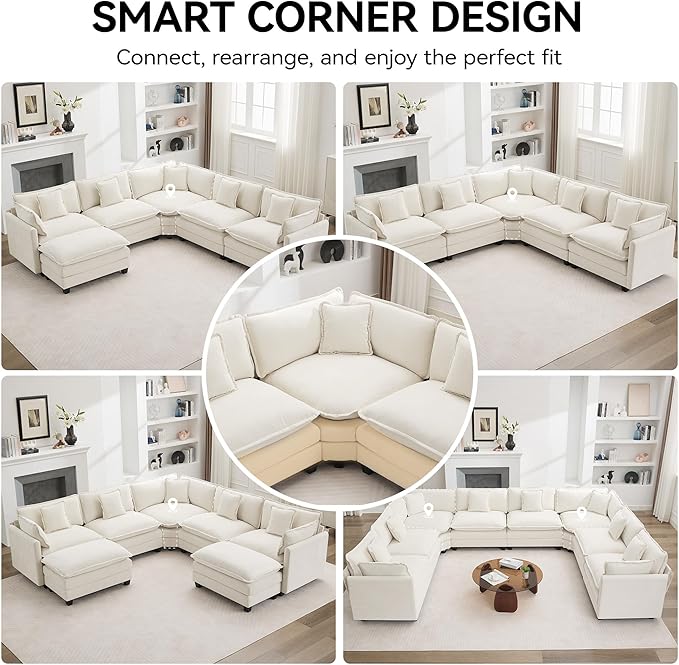113'' V Shaped Cloud Sectional Sofa, Oversized Deep Seat Couches for Living Room, Chenille Comfy Upholstered Modular Sectional Sofa Couch, Beige