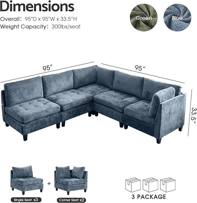 Luxe Oversized Modular Sectional Sofa，Modern Chenille Convertible Corner Couch，Comfy 5 Seater L-Shaped Sofas Sectional Cloud Couch for Living Room（Blue，5-Seater）