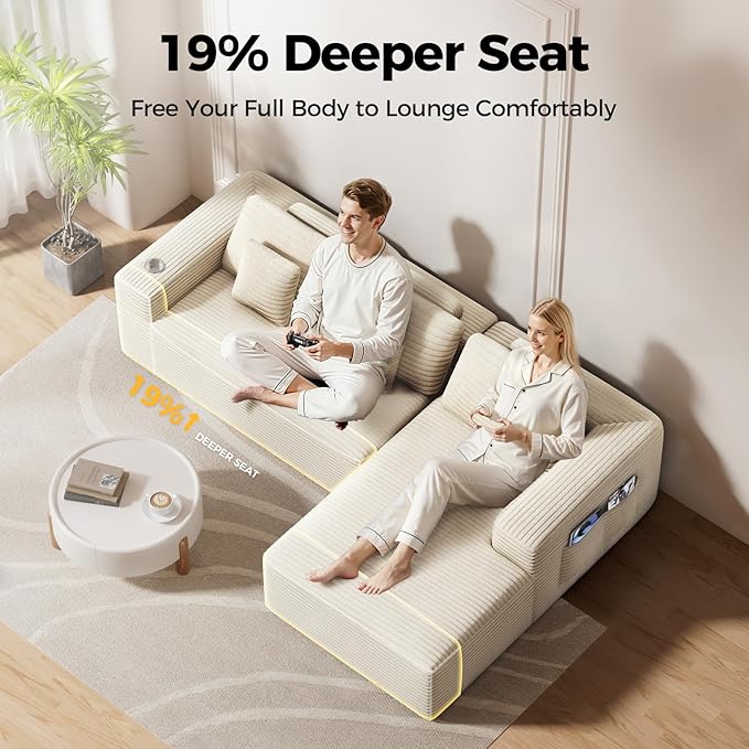 108” Cloud Sectional Couch, Modern Modular Sectional Sofa with Deep Seat, Corduroy Boneless Couches with Chaise, L-Shaped Sofa for Living Room, 4 Storage Pockets (Right Facing Chaise, Beige)