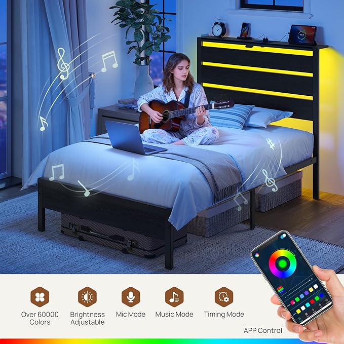 Rolanstar Twin Bed Frame with LED Lights and Charging Station, Wood Storage Headboard and Under Bed Storage, Metal Platform Bed, Easy Assembly, No Box Spring Needed, Balck Oak