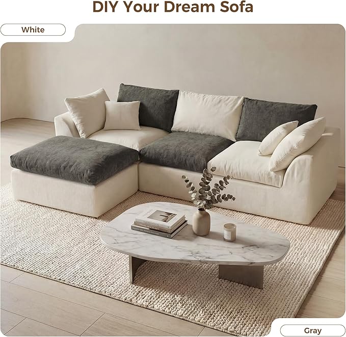 108" Cloud Sectional Couches, with 1 Extra Washable Cover, L Shaped 25.6" Deep Seat Couch with Ottoman, Oversized Comfy Living Room Sofa, DIY Color Refresh (White Sofa + Gray Cover Set)