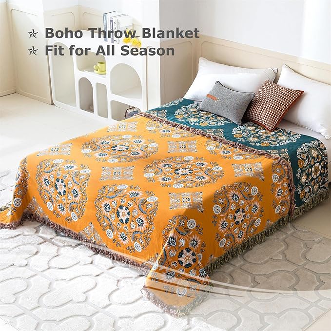 Boho Throw Blanket for Bed 100% Cotton Soft Lightweight Quilt Reversible Spring Blanket Floral Embroidery Home Decor Bed Blankets,90"x98" All Season Blankets for Sofa Couch Chair