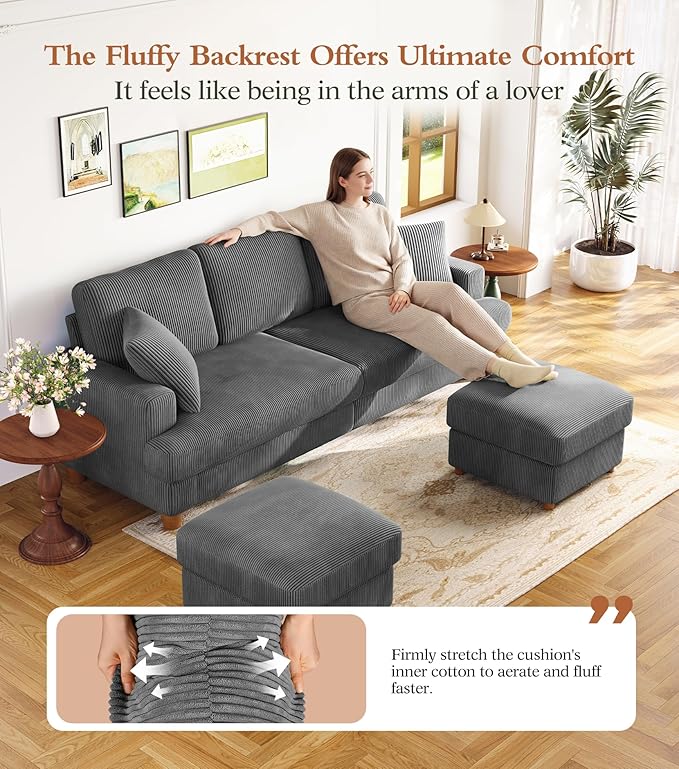 Kidirect 87in U Shaped Couch, Modular Sofa No Tool Assembly, Comfy Sectional Couches for Living Room 21in Deeper Seats, Corduroy Sofas for Living Room with 2 Pillows, Loveseat Sofa Set, Grey Couch | Comfy Corduroy, Oversized 87in Couch, 850LB Tough, To...